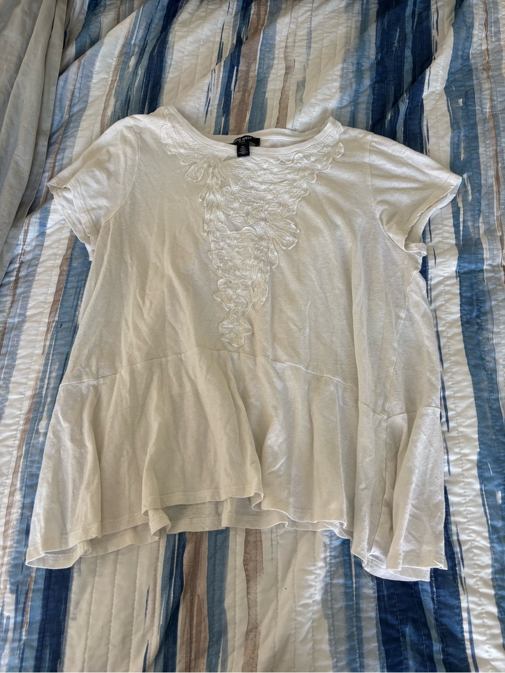 Nine West White Embroidered Peplum Short-Sleeve Tunic